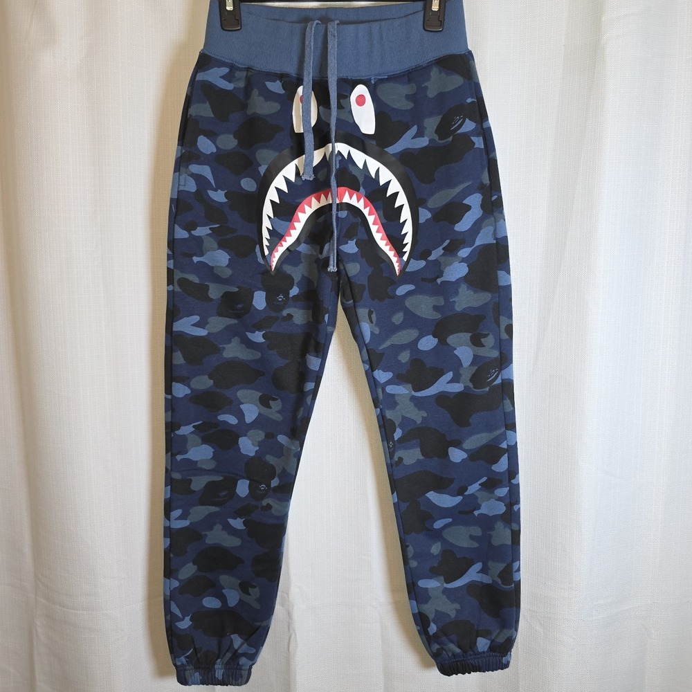 A Bathing Ape Pants Mens Medium Blue Camo Shark Fleece Sweatpants BAPE Jogger